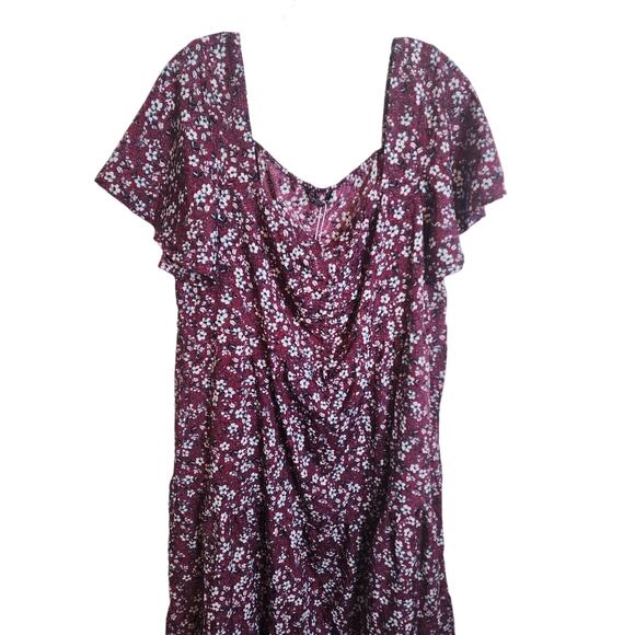 BloomChic Ditsy Floral Pocket Drawstring Ruched Flutter Sleeve Dress, Scarlet 2X - Picture 3 of 7